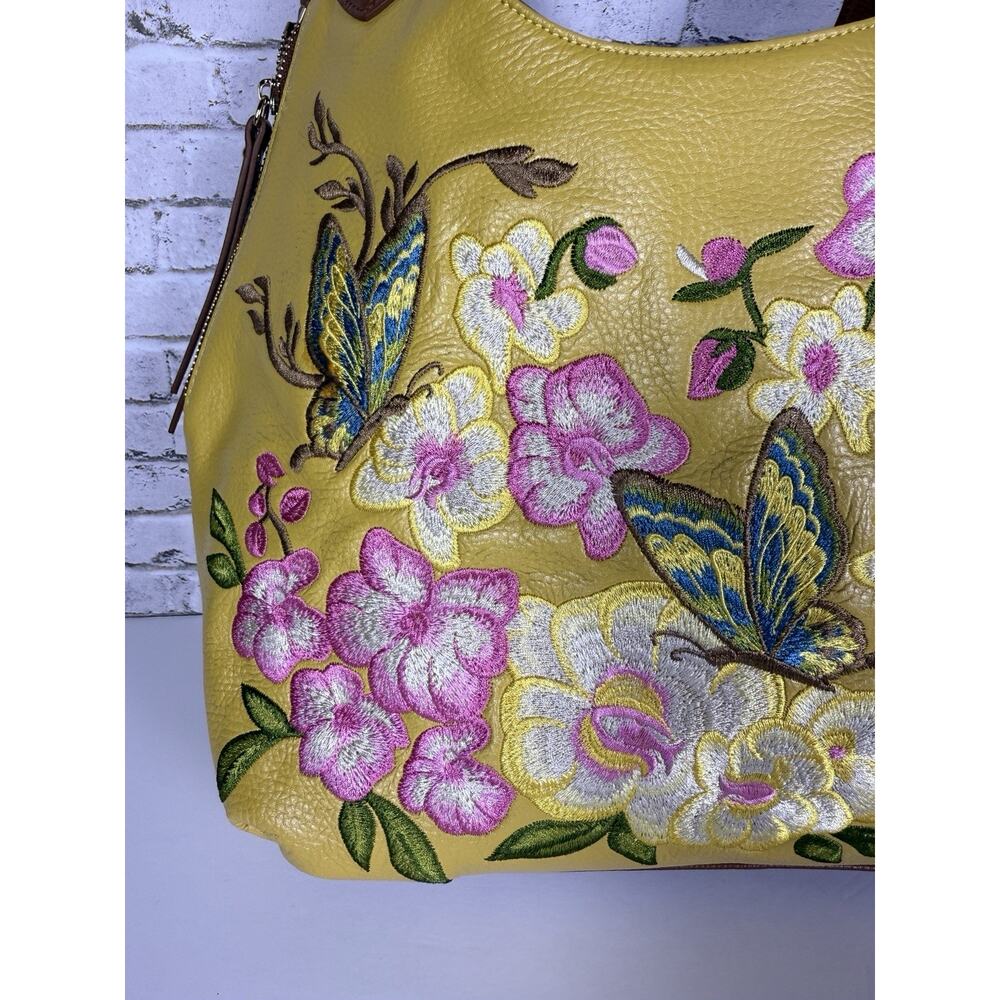 Sharif Yellow Brown Leather Hobo Handbag Embroidery Butterflies Flowers - Picture 2 of 12